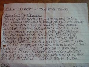 My mate wrote TRT lyrics out for me 